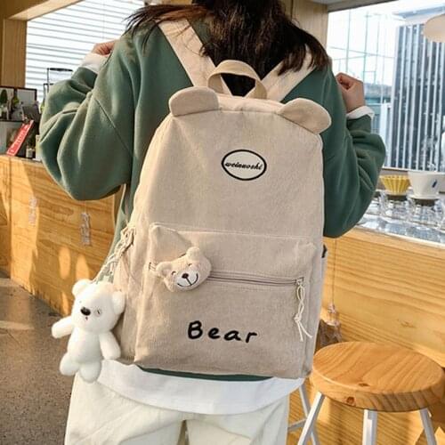 Cute bear Women backpack Corduroy Junior high school college student schoolbag fashion chic Teenage Girls backpacks Travel bags