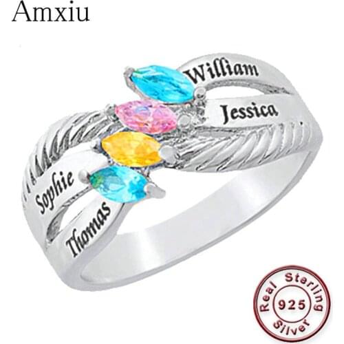 Amxiu Customize 925 Sterling Silver Ring DIY Name Ring with Birthstones Large Zircon Rings For Women Mother Personalized Jewelry