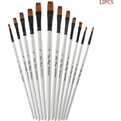 12Pcs 12Pcs Artist Paint Brush Set Nylon Bristles Watercolor Acrylic Oil Painting Slant Flat Round Pointed Pen Tip Wood Handle