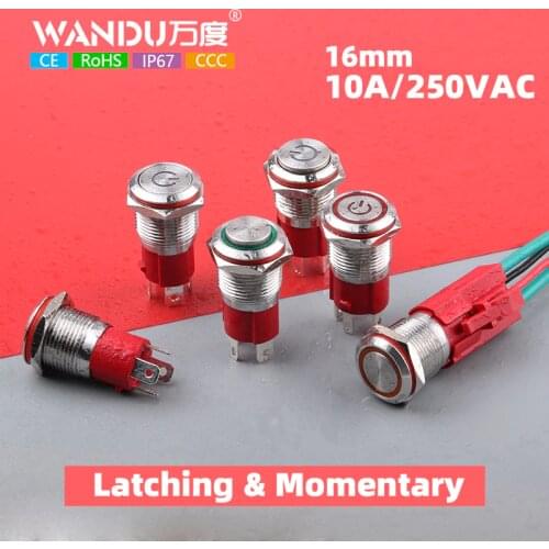 16mm 10A Big Current switch 12V 24V Ring Light Latching Momentary metal push button switch