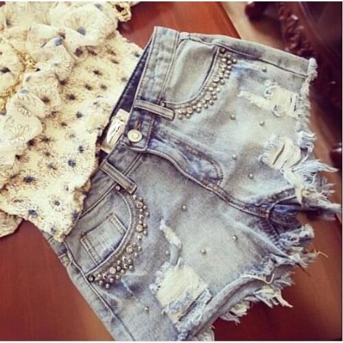 2020 New summer women Diamond Beading denim shorts casual ladies jeans shorts RQ25