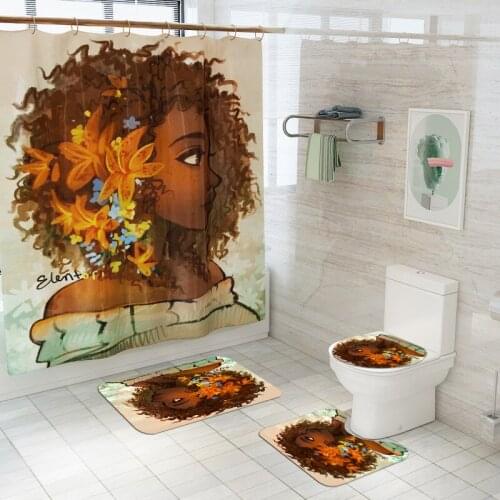 African Girl with Flowers In Her Ears Printed Bathroom Set with Shower Curtain and Rugs Bath Mats Rug Carpet Bathtub Curtains