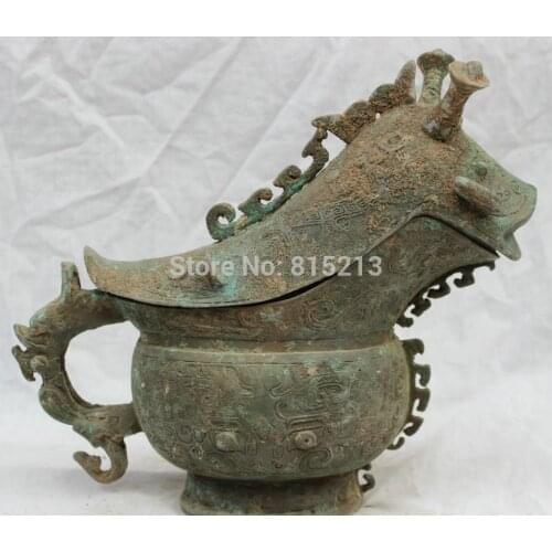 Bi0011708 12" China Chinese Dynasty Folk Culture Old Bronze Dragon Head Statue Unicorn Zun