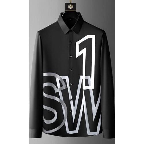 Brand Letter Printed Mens Shirt 2021 Autumn Long Sleeve Slim Casual Shirts Social Business Formal Dress Shirts Streetwear