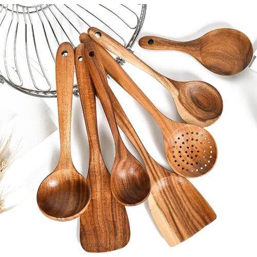 1Pc Non-Stick Teakwood Wooden Frying Spatula Large Rice Stirring Soup Spoon Colander Household Kitchen Tools Utensils