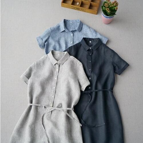 Summer Good Quality Flax Front Half Short Sleeve Dress Long Linen dress
