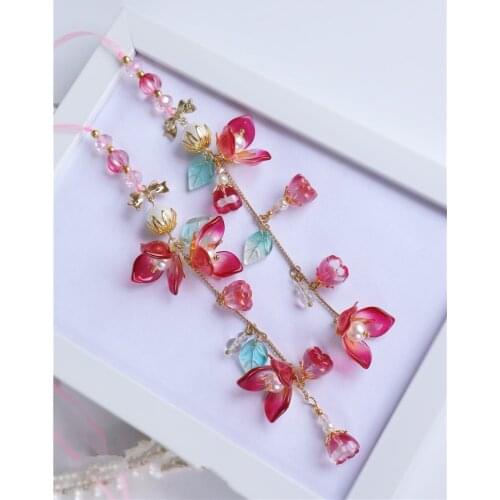 Blythes size handmade DIY bow tie with Multicolor flowers of Czech coloured glaze pearl eye sleep eye ring pull rope