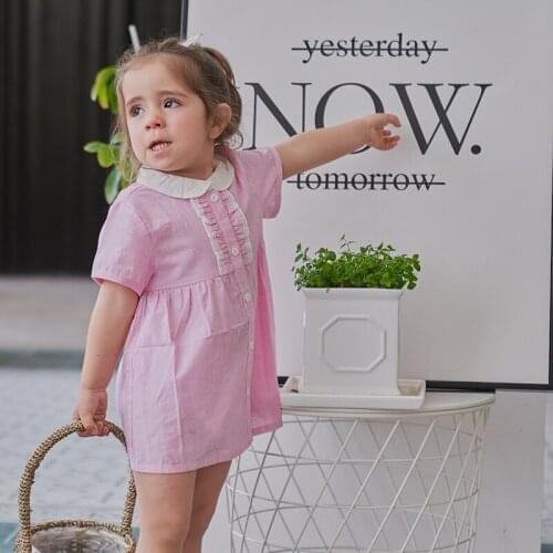 Hollead Sweet Doll Collar Girl Children Dresses Summer Fashion Slim Short Sleeved Striped Mini Kids Dress Clothing Pink Gray