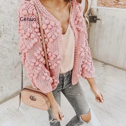 Autumn Winter Women Sweater Casual Hairball Knitted Cardigan O-Neck Long Sleeve Pink Cardigan Cute Sweaters