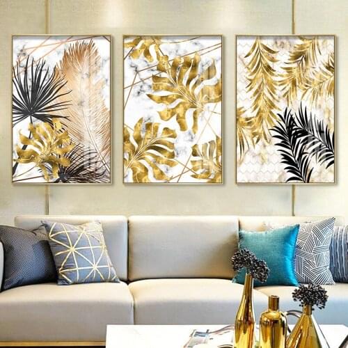 Canvas Painting 3 Panel Golden Black Plants Leaf Nordic Wall Art Pictures for Living Room Home Decoration Modern Poster Artwork