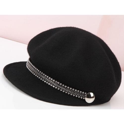 H293 Korean Women Wool Beret Hat Fashion Rhinestone Chain Woolen Felt Berets Cap Ladies Autumn Winter British Retro Casual Caps