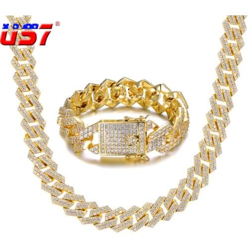 US7 Miami Cuban Link Chain Necklace Set 18mm Full Bling Bling Iced Out Rhinestones Copper Fashion Hip Hop Jewelry Necklaces