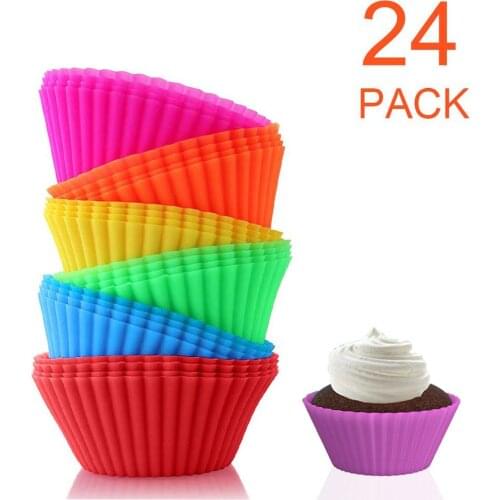 24 pack Silicone Molds Cupcake Baking Cups Reusable Muffin Cup Liners Rainbow Cupcake Wrappers Non-stick Cup Cake Mold for Party