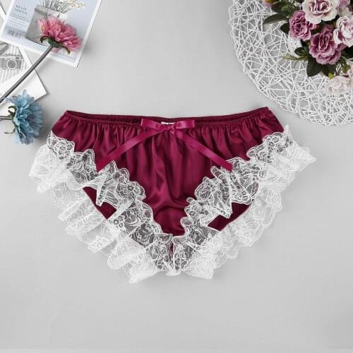 Men Shiny Soft Satin Ruffle Floral Lace Sissy Panties Lingerie Low Rise Stretchy Bikini Briefs Hot Sexy Gay Swimwear Underwear