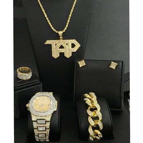 Men Gold Watch Hip Hop Watch & Necklace & Bracelet & Earrings & Ring Combo Set Ice Out Cuban Top Brand TAP Pendant New 2019