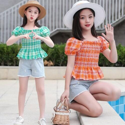 2021 New Fashion Teens Children Clothing Sets Summer Girls Clothes Plaid T-shirt Shorts 2pcs Outfits Suit Kids Clothes Princess