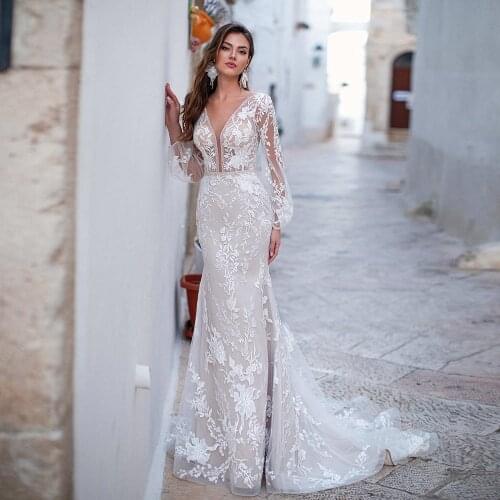 New Arrivals Beaded Sequined Appliques Lace Long Sleeve Deep V-Neck Backless See Through Sexy Mermaid Wedding Dresses