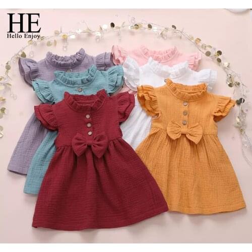HE Hello Enjoy Girls Dresses Cotton Linen Fly Sleeve Solid Color Ruffle Outfit Summer Kids Clothes Toddler Baby Girls Dress 1-5