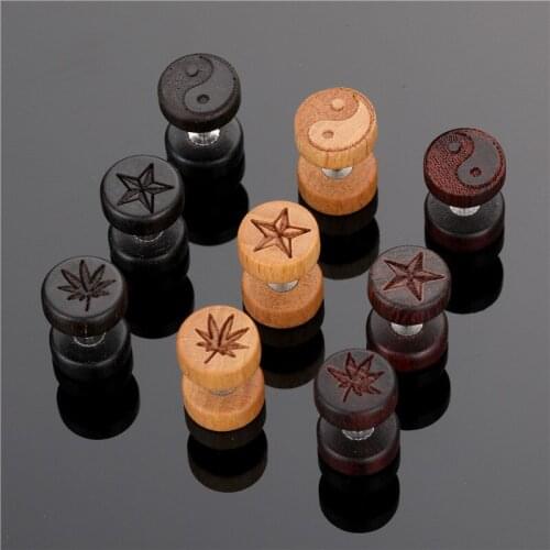 Natural Wood Ear Stud Earring Unisex Stainless Steel Earring Stud Black Goth Barbell Fake Ear Plug Gauge Cheater Ear Plug