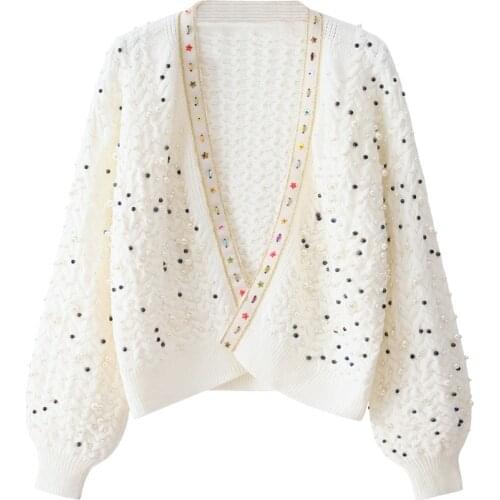 Heavy Pearl Beaded Knit Cardigan Women Pearl Beaded Buckle Long Sleeve Cardigan Women Girls Ladies Loose Knit Sweater