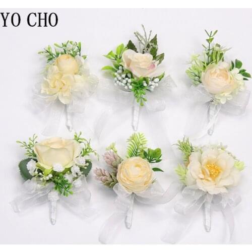 YO CHO Silk Rose Wedding Corsages and Boutonnieres Groomsmen Boutonniere Buttonhole Man Wedding Marriage Corsage Bracelet Flower