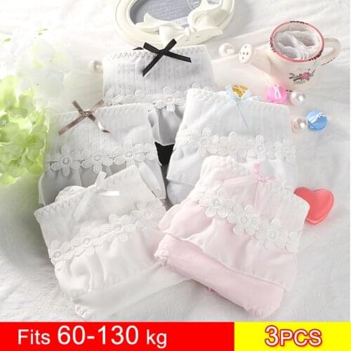 Plus Size Womens Cotton Briefs with High Waist Lace Bow Flower Cute Panties Vs Pink Kawaii Lingerie Big Size Lot Panties 3 Pcs