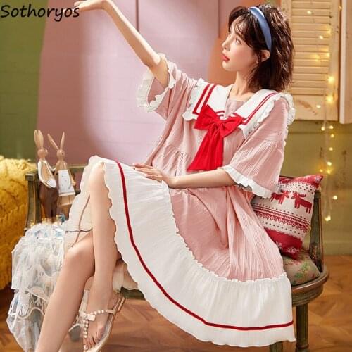 Women Lovely Sleepshirts Ruffles Kawaii Princess Loose Comfort Large Size M-4XL Nightgowns Short Sleeve Bow Females Lounge Chic