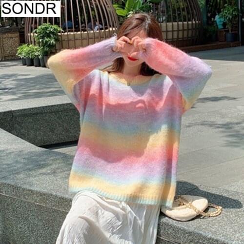 Women Autumn New Sweaters Rainbow Stripe Sweet Cute Long Sleeve Knitting Top Korean Loose Lazy Lady Pullovers Knitting Sweaters
