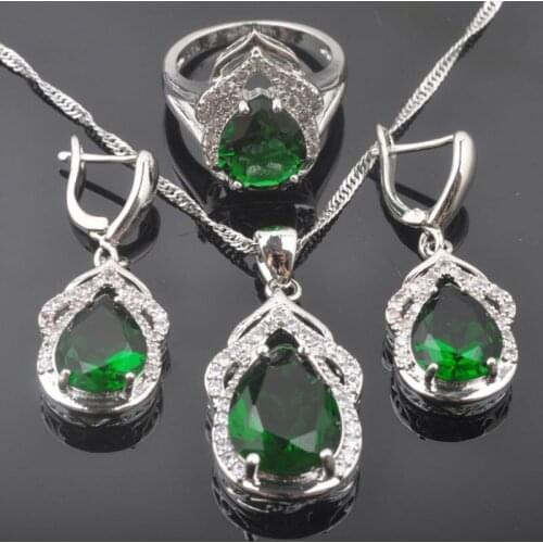 For Women Silver Color Jewelry Sets Water Drop Zirconia Earrings Rings Necklace Pendant QZ0309