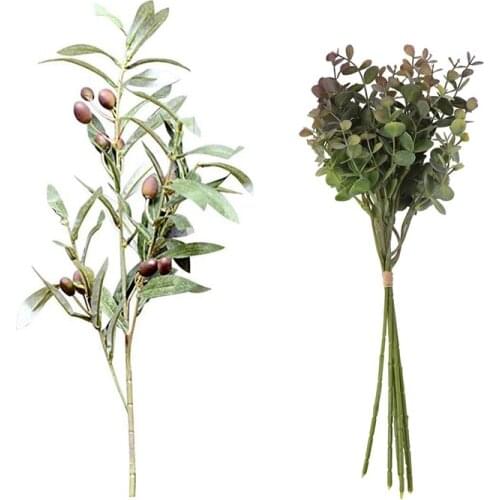 1X Artificial Olive Leaf Green Plants Fruits Branches Fake Leaves & 6 Pcs Eucalyptus Plastic Artificial Leaves Bunch
