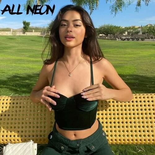 ALLNeon 90s Fashion Spaghetti Strap Velvet Cropped Tops E-girl Vintage Solid Backless Green Cami Top Y2K Aesthetics Partywear