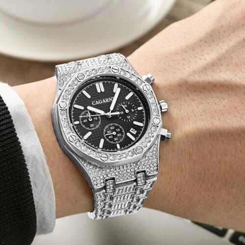 Bling Diamond Iced Out Men Watches Blue Stainless Steel Waterproof Quartz Watch Men Fashion Chronograph Male Clock Hip Hop Watch