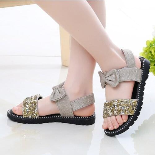 Kids Summer Fashion Sequins Bow Sandals 2021 Princess Party Shoes For Girls ChildrenS Beach Dresses 3 4 5 6 7 8 9 10 11 12 Year