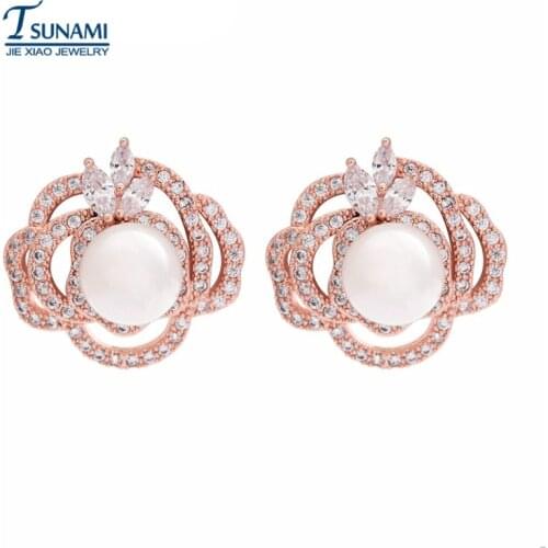 Effie hot fashion luxury micro pave 2017 cubic zirconia flowers zircon pearl earrings High quality elegant women jewelry