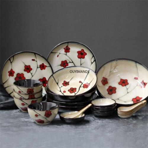 Japanese Style Porcelain Red Plum Tableware Household Ceramic Steak Dessert Plate Deep Dish Soup Rice Bowl Small Soy Sauce Dish