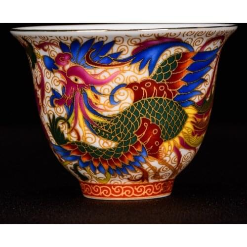 Ceramic Master Cup Single Cup Enamel Painted Gold Dragon Phoenix Pu'er Cup Tea Cup Ceramic Kungfu Teaset Tea Accessories
