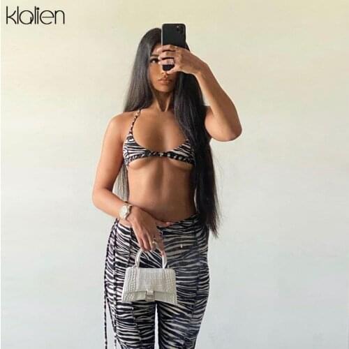 KLALIEN Sexy V Neck Low Chest Backless Bandage Camisole and Trousers Two Piece Set Women Summer Female Streetwear Casual Suit