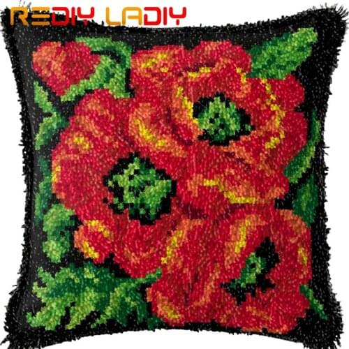 Latch Hook Cushion Poppies Flowers Pillow Case Pre-Printed Canvas Acrylic Yarn Latched Hook Pillow Kits Crochet Cushion Cover