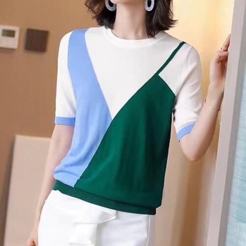 LJSXLS 2021 Summer Fashion Knitted Sweater Women Loose Casual Patchwork O-Neck Jumper Short Sleeve Tops Femme Pullovers Sweaters