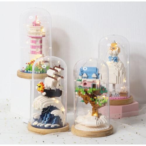 Micro Building Blocks Wedding Dress Lighthouse Tree House Diamond Mini Brick Toys For Kids With Display Box LED Light