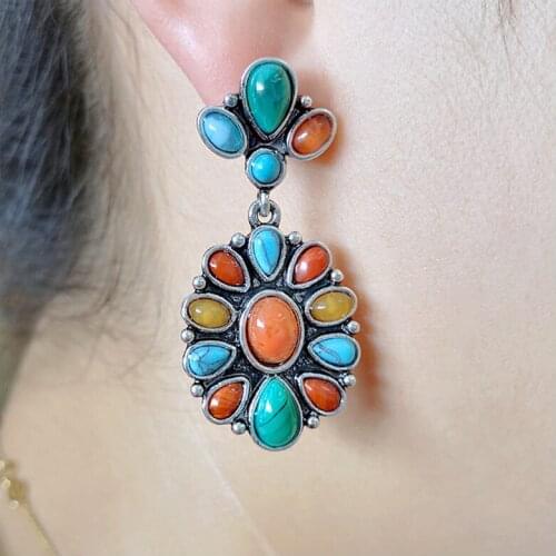 Fashion Vintage Tibetan Turquoises Earring Natural Colored Stone Tiger Stones Dangle Earrings for Women Boho Jewelry 2021