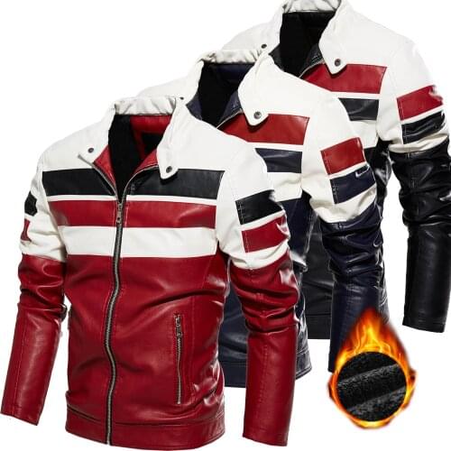 Autumn/WInter Fleece Mens Motorcycle Leather Jacket Mens Wear Casual Jacket Faux Leather Stitching Colours Biker Coat Jaqueta