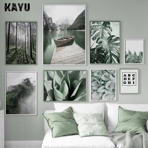 Green Plant Monstera Forest Lake Mountain Wall Art Canvas Painting Nordic Posters And Prints Wall Pictures For Living Room Decor