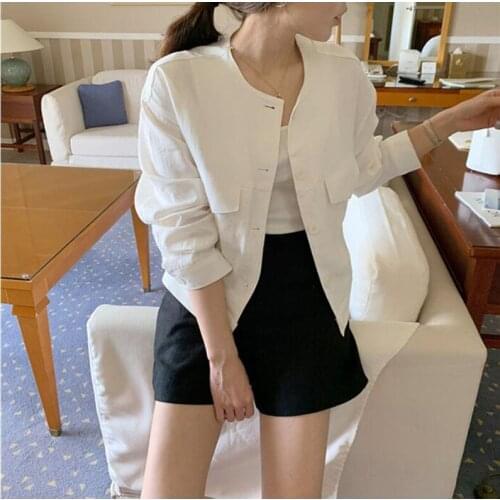 New 2020 Summer Autumn Womens Jacket Casual Pockets Fashionable Cargo Outerwear Cotton and Linen Short Tops CL423