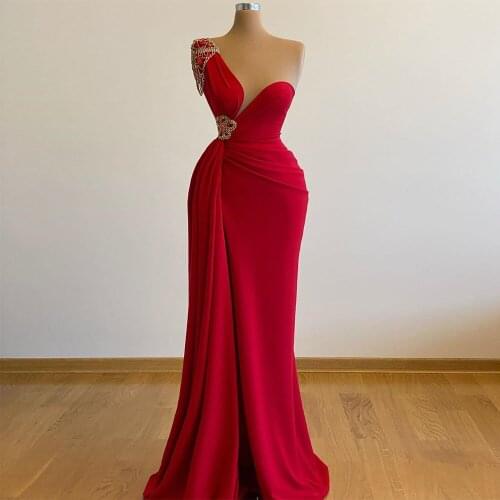 New Arrival Party Dress One Shoulder Bead Red Carpet Girls Mermaid Prom Dress