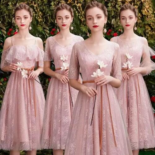 Bridesmaids Dresses Illusion Strapless Embroidery Lace Tulle Spaghetti Straps A-Line Knee-Length Women Wedding Party Gown E503