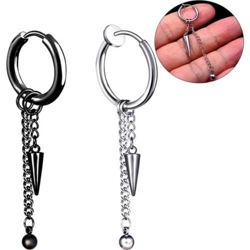 1Pc Men Fashion Long Chain Ear Piercing Loop Earring Jewelry Gift Club Street Dance Stainless Steel Long Chain Design Hoop Style