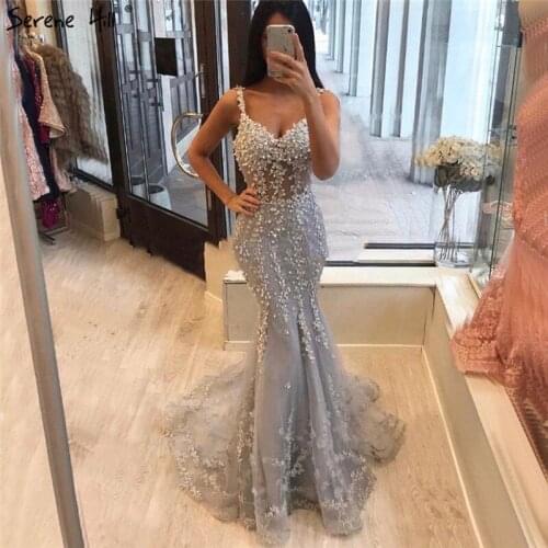 Gray Sexy Mermaid Tulle Evening Dresses 2020 Sleeveless Handmade Flowers Beading Formal Dress Long Serene Hill BLA70380
