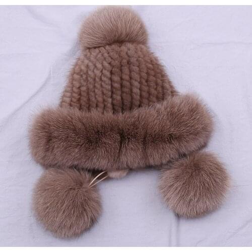 SUPPEV&SDDTIO Womens Winter Knitted Mink Fur Hat Ear Flap Fox Fur Pom Bomber Hats Caps Russian Hat Ushanka Trapper Snow Skiing