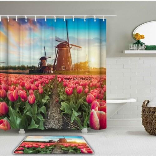 3D Rural Scenery Tulip Flowers Fabric Waterproof Shower Curtain Set Bathroom Curtains Set Non-Slip Toilet Rug and Bath Mat